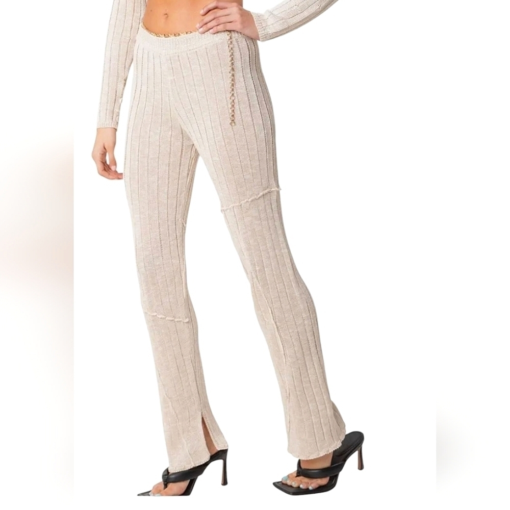 EDIKTED Harley Rib Knit Pants In Beige. Size XS/S NWT